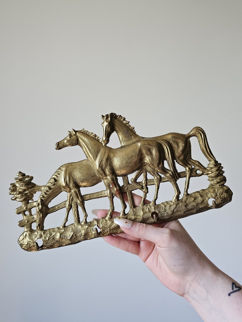 Vintage Brass Horse Wall Hook Key Rack Western Equestrian Metal Horses Hanger